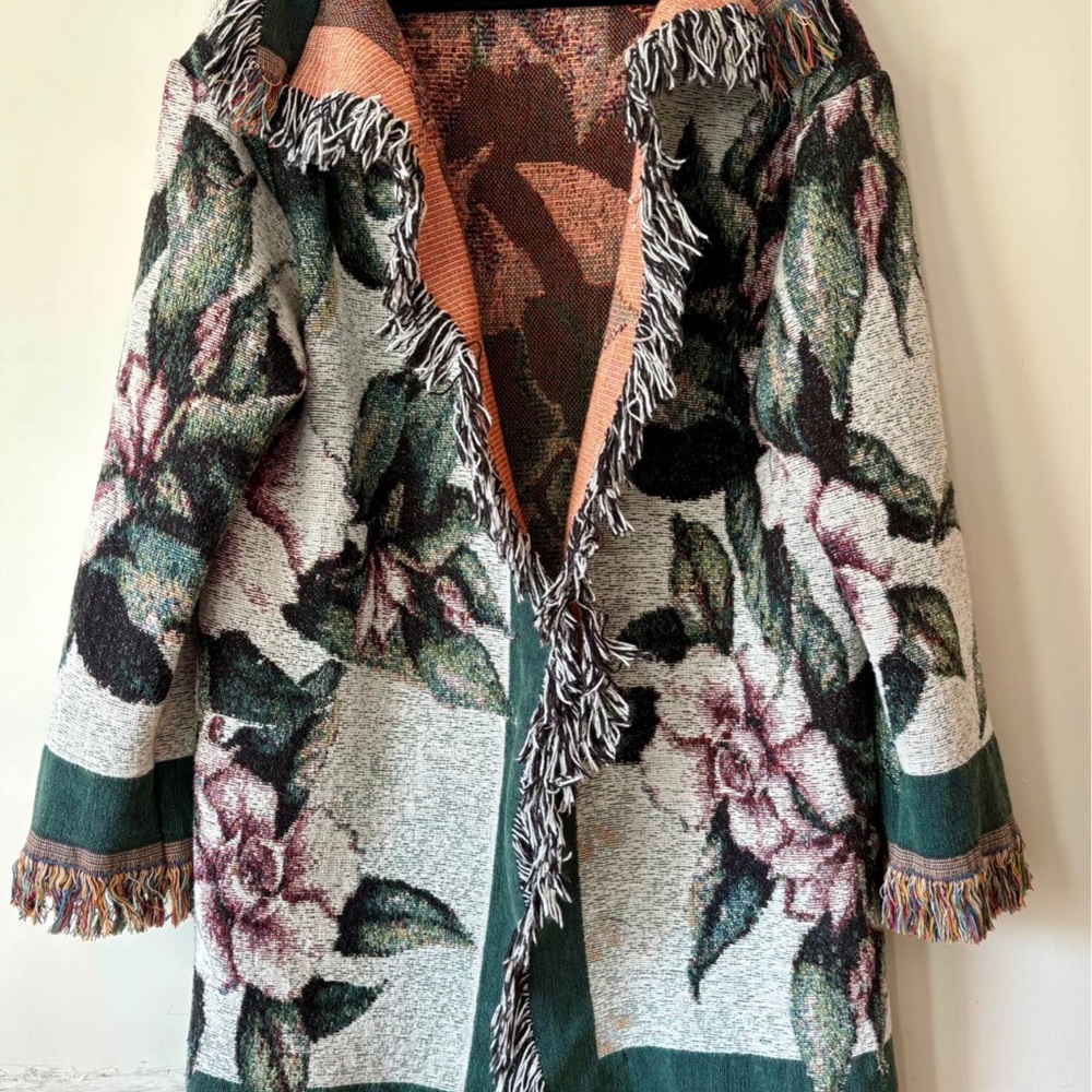 Floral Patterned Women's Tapestry Blanket Throw Coat